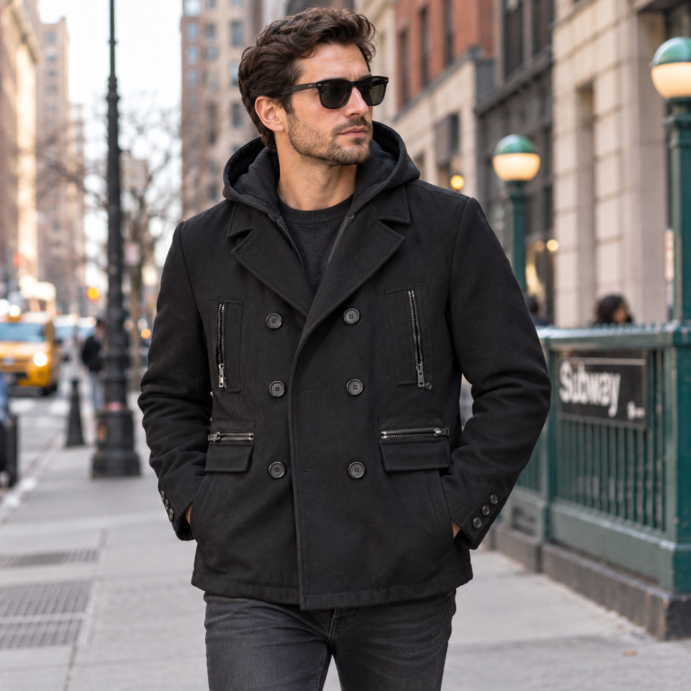Men’s XXL Black Hooded Peacoat Jacket Double Breasted Multi Zip Pockets